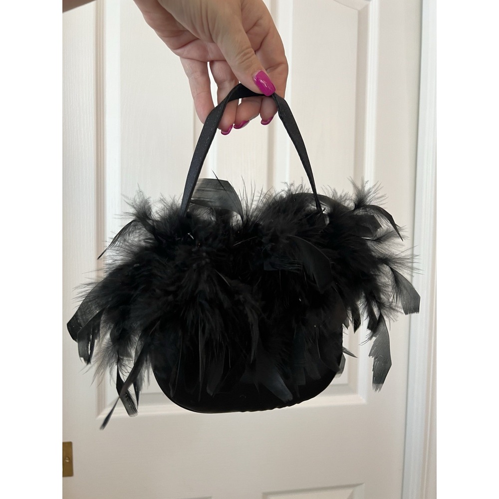 Vintage Black Satin Bag Feather Races Wedding Y2K 90's Purse Party Evening Races